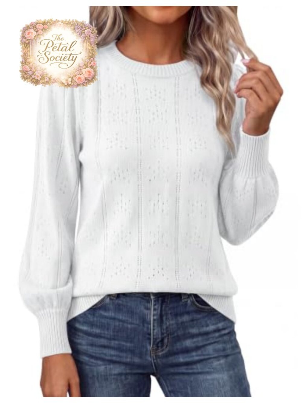 Women's Hollow Out Crew Neck Puff Sleeve Pullover Sweater for Fall Winter
